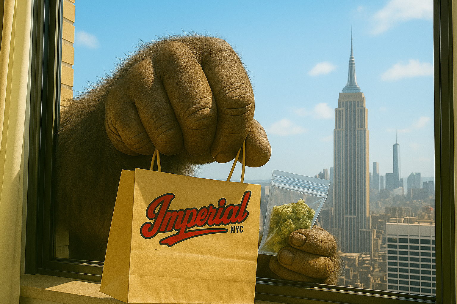 Home - Imperial NYC 1 Ape fist holding an Imperial NYC bag above the Manhattan skyline