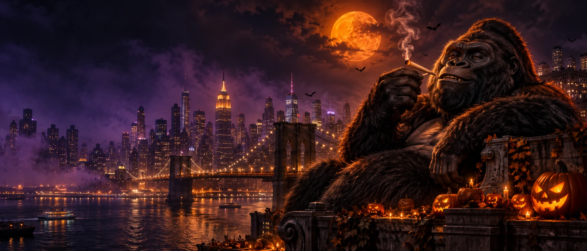 Imperial ape overlooking the Brooklyn Bridge and Manhattan skyline beneath an orange Halloween moon, surrounded by glowing pumpkins